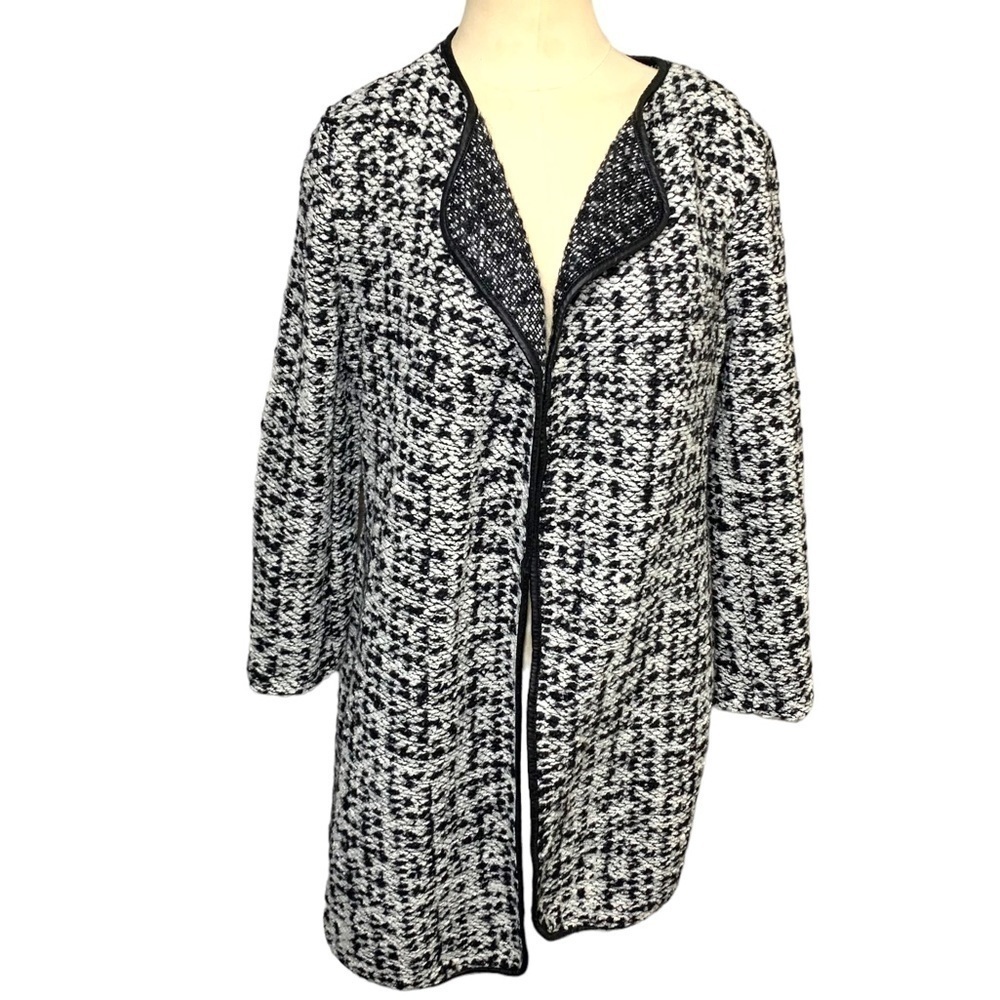Angela Mara Italy Classic Black White Knit Open Cardigan Sweater Wool Blend Sz M